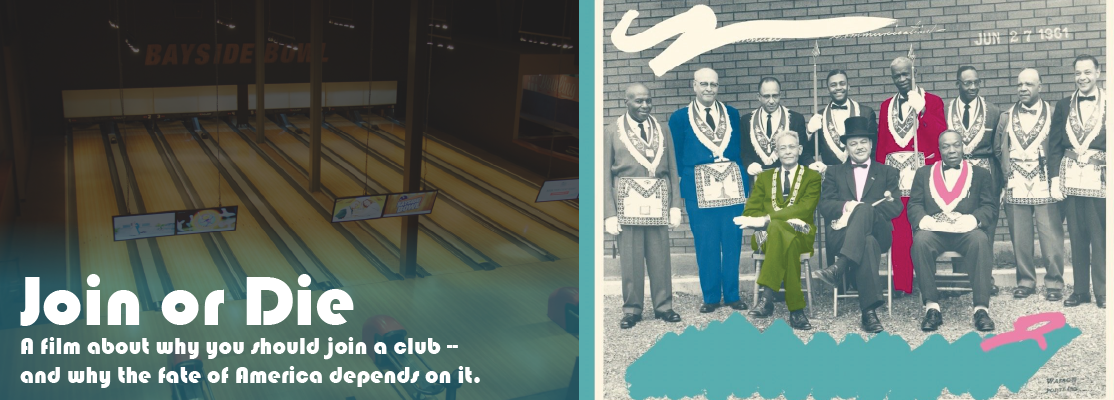 Join or Die movie promotional image shows empty bowling alley opposite old black and white club photo partially colorized
